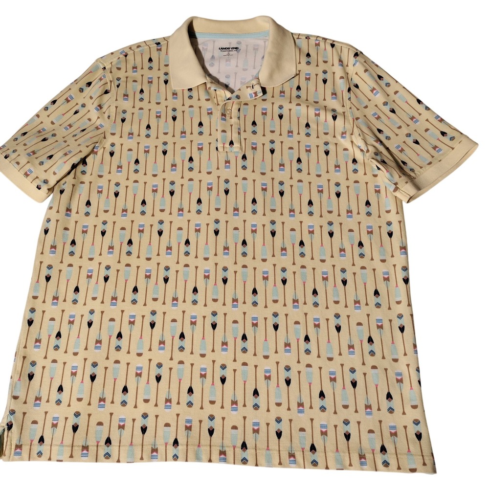 Lands End Mens Large Pale Yellow Paddle Print Pique Polo Shirt Traditional Fit